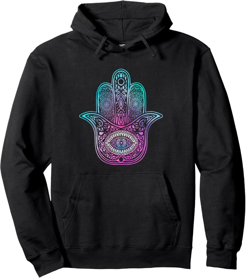 Hamsa Hand Yoga Mandala Pullover Hoodie (Small, Black)