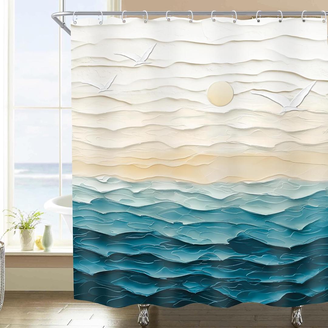 Imirell Abstract Teal Beach Shower Curtain 60Wx72H Inches Oil Painting Ocean Sea Wave Sunset Sunrise Nature Landscape Summer Hawaii Scenery Ombre Fabric Waterproof Polyester with 12 Pack Hooks Plastic