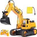 DOUBLE E Remote Control Excavator Toy, 2*Batteries 2.4GHz RC Excavator, 6-in-1 Digging/360 Rotation, 20M Range Sandbox Construction Toys Birthday Gift for Boys/Kids 6+ Years