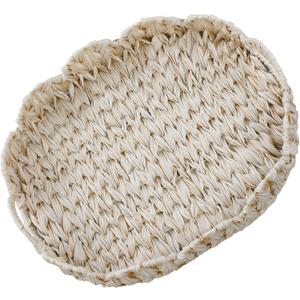 Coeusy 16.5 inch Round Wicker Tray, Boho Decorative Coffee Table Tray,Woven Serving Tray with Handles,Wicker Scallop Basket (Milky White)