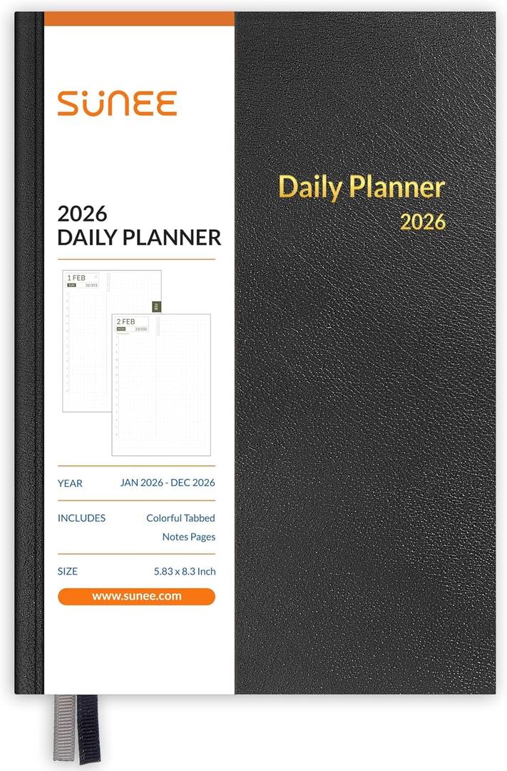 SUNEE 2026 Daily Planner A5 Hardcover – Hourly Schedule Organizer with Monthly Tabs & Task Tracker – Black Cover Time Management Notebook for Work, School, Personal Goals
