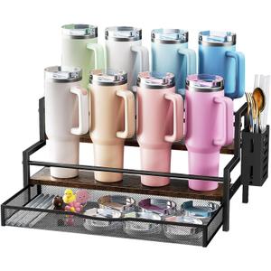 Water Bottle Organizer for Full Stanley 40 oz Tumbler with Handle, 2 Tier Tumbler Organizer for 8 Cups, Kitchen Pantry Organizers and Storage for Owala Stanley Cup Accessories, Black