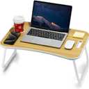 Laptop Bed Desk, Foldable Lap Desk, Portable Lap Table, Laptop Stand with Cup Holder & Tablet Slot & Lifting Handle for Working Writing Drawing & Eating - Wood