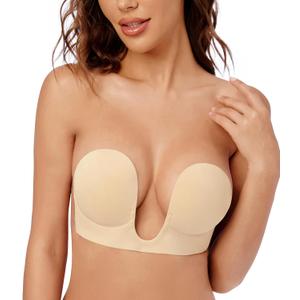 Wekofi Women's Plunge Backless Strapless Bra Push Up Adhesive Sticky Invisible Padded Underwire Bra(D,Sand)