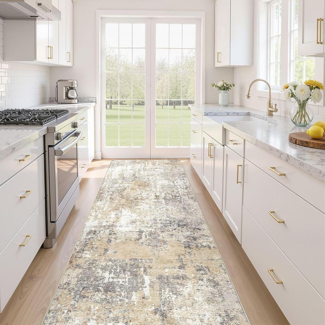 Runner Rug Kitchen Washable Rugs: 2x6 Non-Slip Abstract Soft Modern Stain Resistant Indoor Floor Neutral Accent Throw Carpet for Hallway Bathroom Laundry Room Entryway Bedroom- Abstract Gray Gold