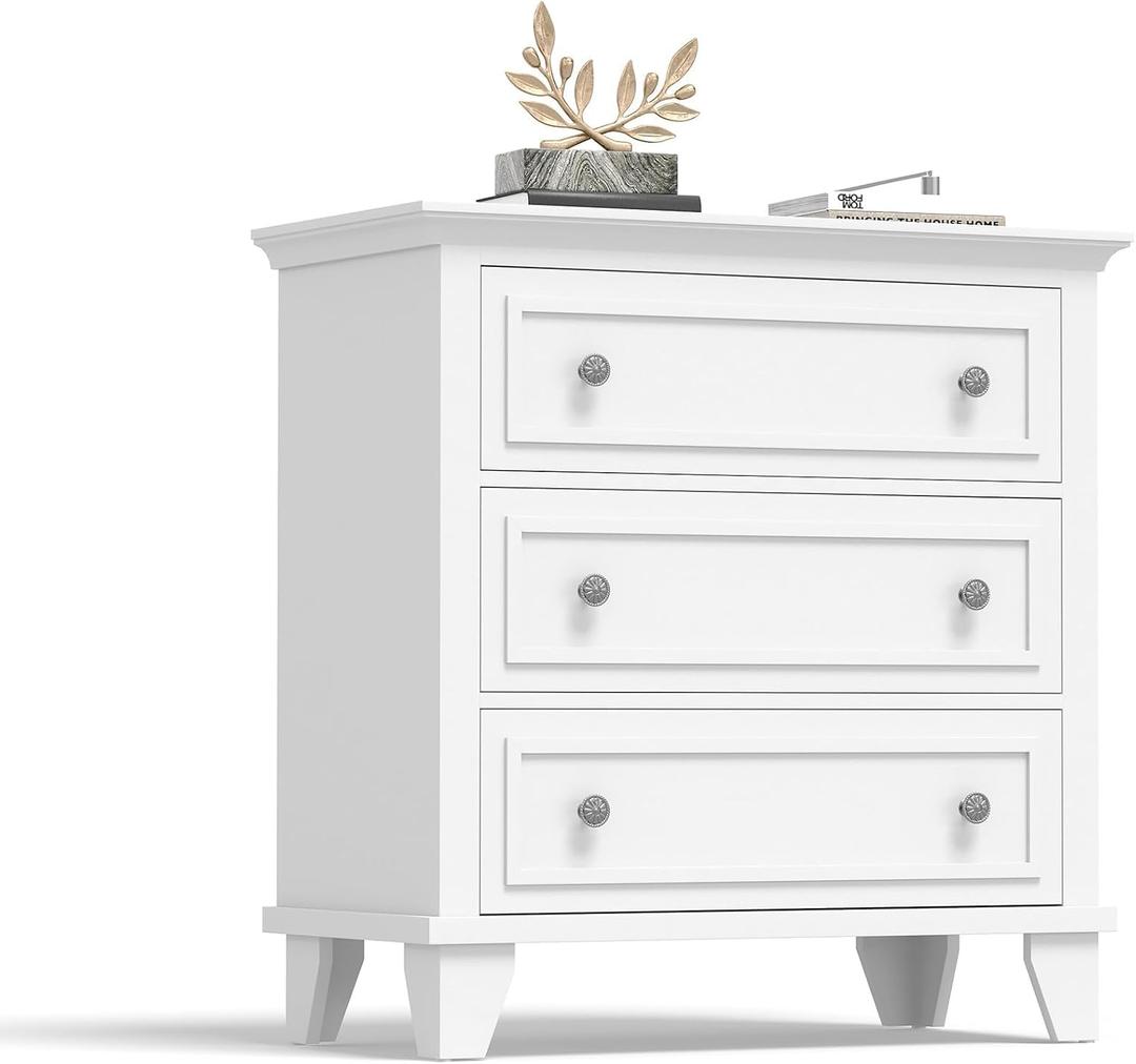 GarveeHome White 3 Drawer Dresser for Bedroom, Wide Chest of Drawers with Vintage Handle, Modern Wood Dresser Wide Nightstand Cabinet for Living Room