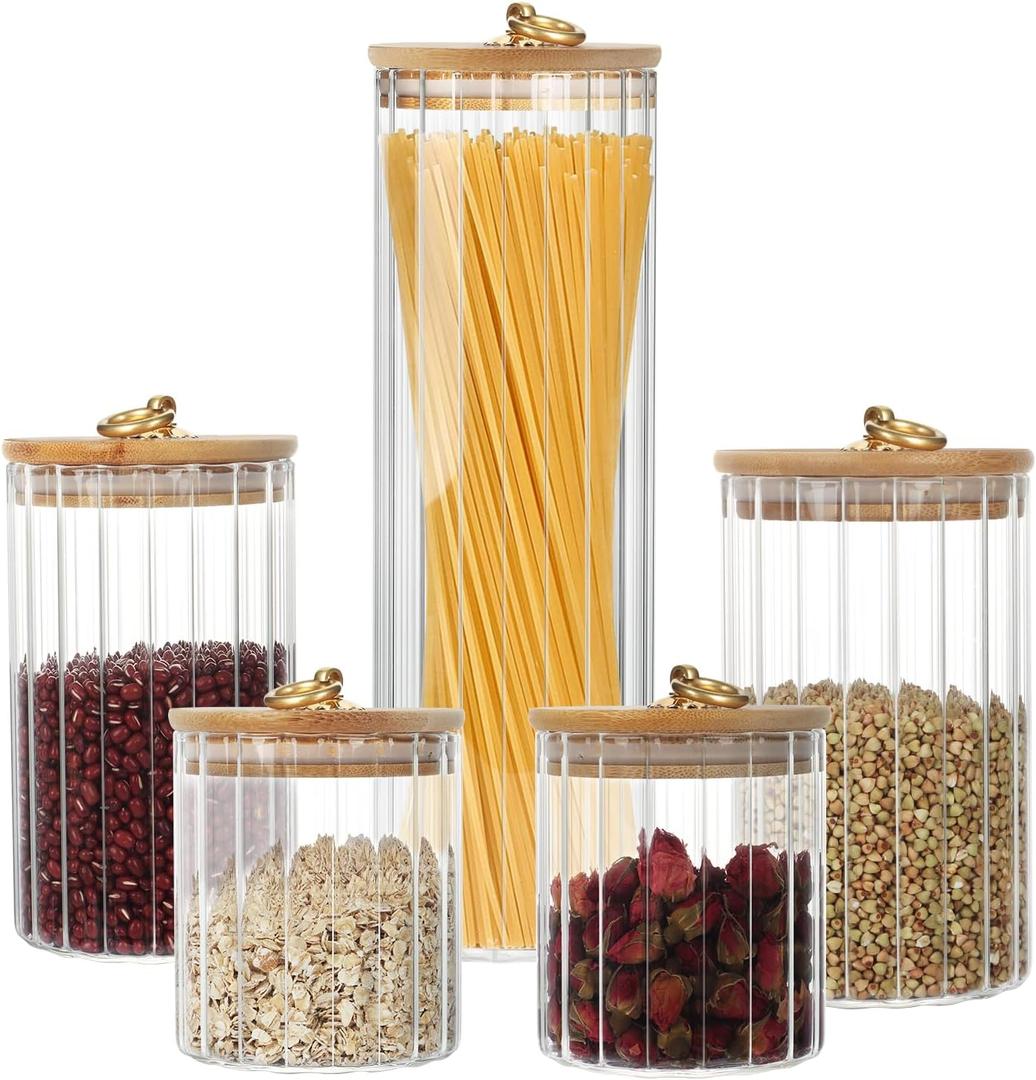 Topsky Glass Storage Jars Set of 5,Coffee Bar Storage Jar with Airtight Bamboo Lid,Pantry Storage Container Sets for Kitchen Countertop,Dining Room,Clear Food Storage Containers (Metal Ring Airtight Lid)