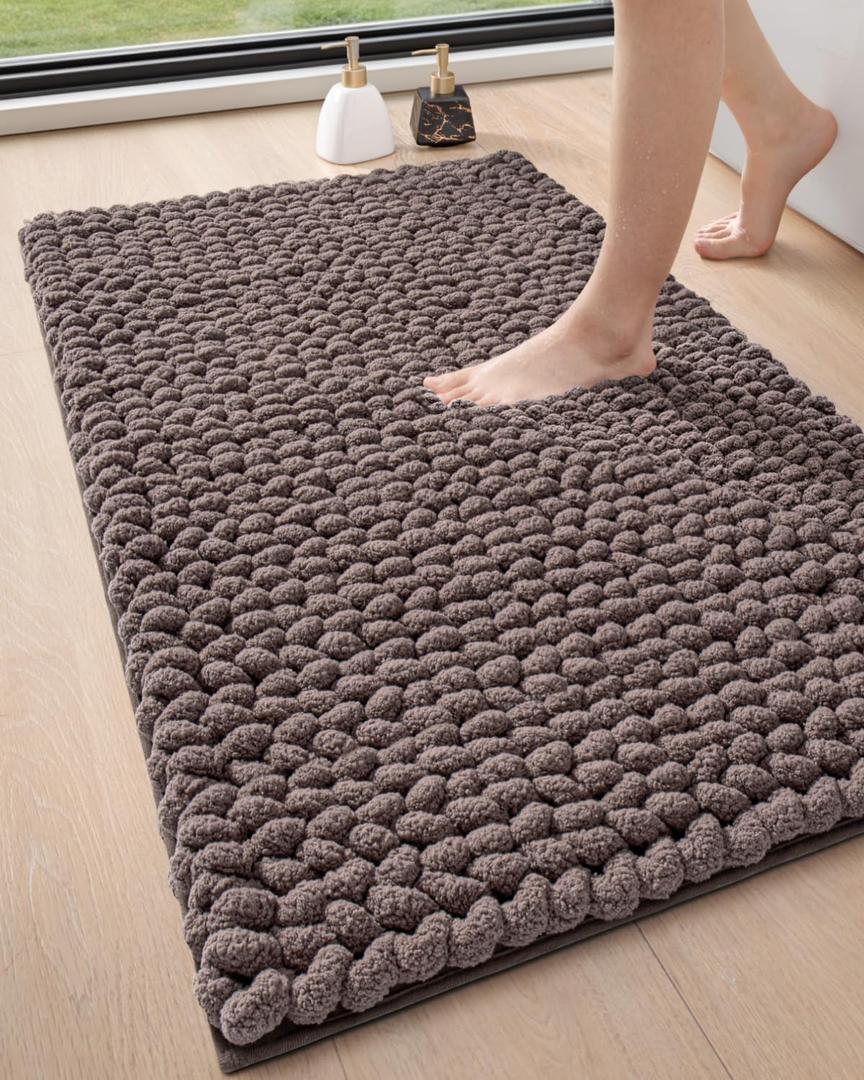 DEXI Bathroom Rugs 24x36, Non Slip Washable Bath Mat, Luxury Chenille Super Absorbent Thick Bathmats for Shower Floor, Plush Fluffy Shaggy Carpet for Tub, Brown