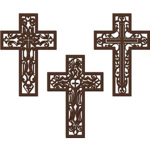 Bnesi 3 Pcs Wooden Cross Wall Art - Brown Carved Pattern Religious Crosses for Living Room, Church, Wedding, Office, Hospital