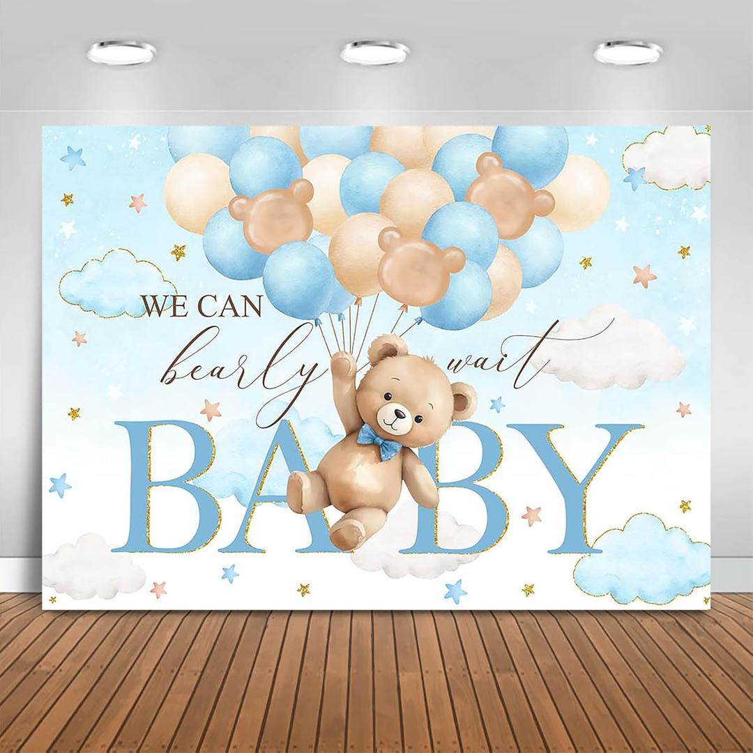 Bear Baby Shower Backdrop 7x5ft We Can Bearly Wait Party Decorations Background for Boy Bear Theme Baby Shower Banner Photo Booth Prop (Blue)