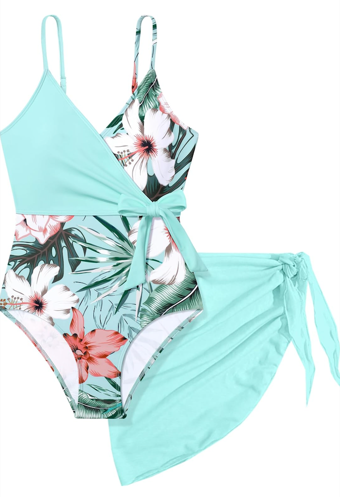 Girls Swimsuit One Piece Bathing Suit Tropical Floral with Adjustable Straps Girls'Swimwear with Cover Up 11-12Y