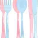 300 PCS Pink and Blue Silverware Heavy Duty 150 Pink Plastic Silverware and 150 Blue Plastic Cutlery Sets- 100 Forks 100 Knives 100 Spoons for Birthday, Baby Shower, Gender Reveal