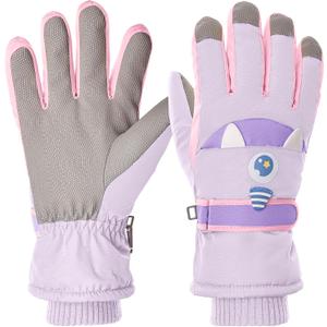 Kids Touchscreen Ski Gloves Children Waterproof Winter Snow Gloves with Grip, Unicorn Monster Design, Anti-Loss Clip for Boys & Girls (Medium, purple)