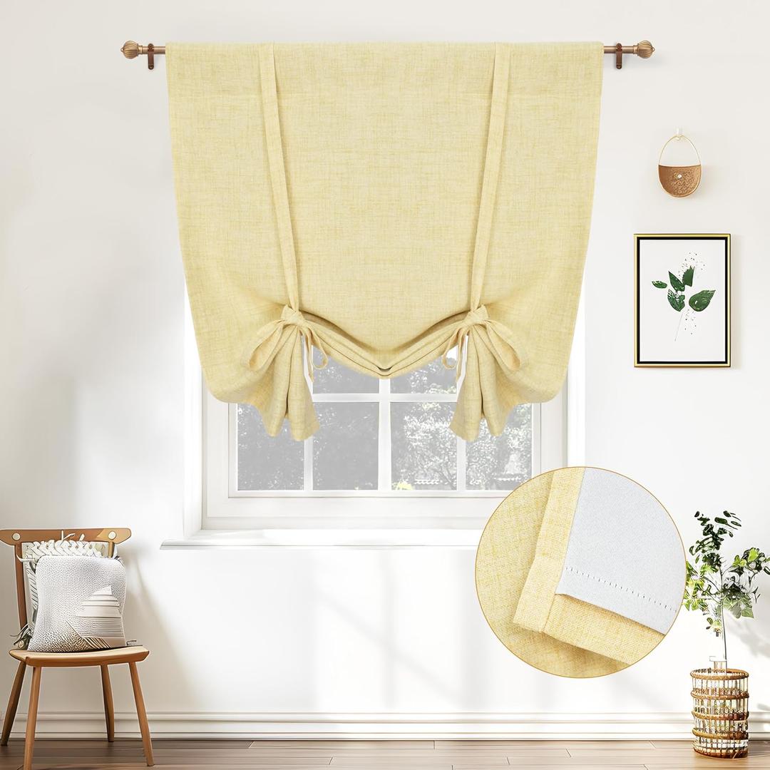 DriftAway Double Layer Linen Blackout Tie Up Curtains Thermal Insulated Fully Lined Balloon Roman Shade Bathroom Window Adjustable Rod Pocket for Small Window 31 Inch by 47 Inch Yellow