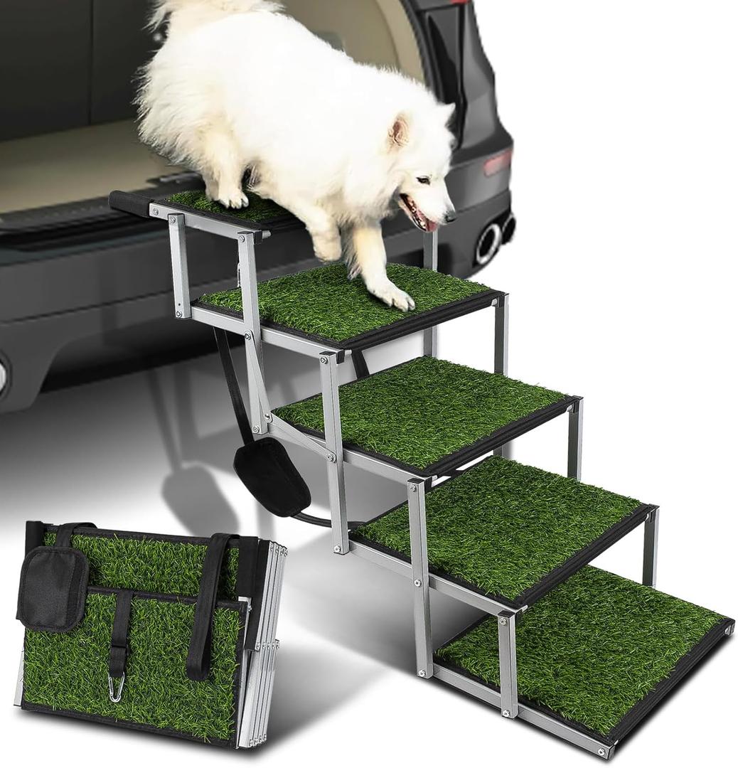 Dog Stairs for Car, Portable Folding Dog Ramps,Dog Steps for Large Dogs with Non-Slip Grass Rug for Cars, SUV, Trucks, Lightweight Pet Ramp Supports Up to 200 lb, 5 Steps (Grass 5 Steps)