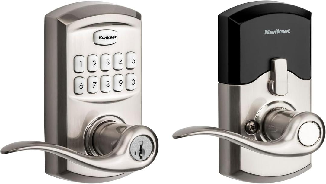 Kwikset SmartCode 917 Keypad Keyless Entry Traditional Residential Electronic Lever Deadbolt Alternative with Tustin Door Handle and SmartKey Security, Satin Nickel