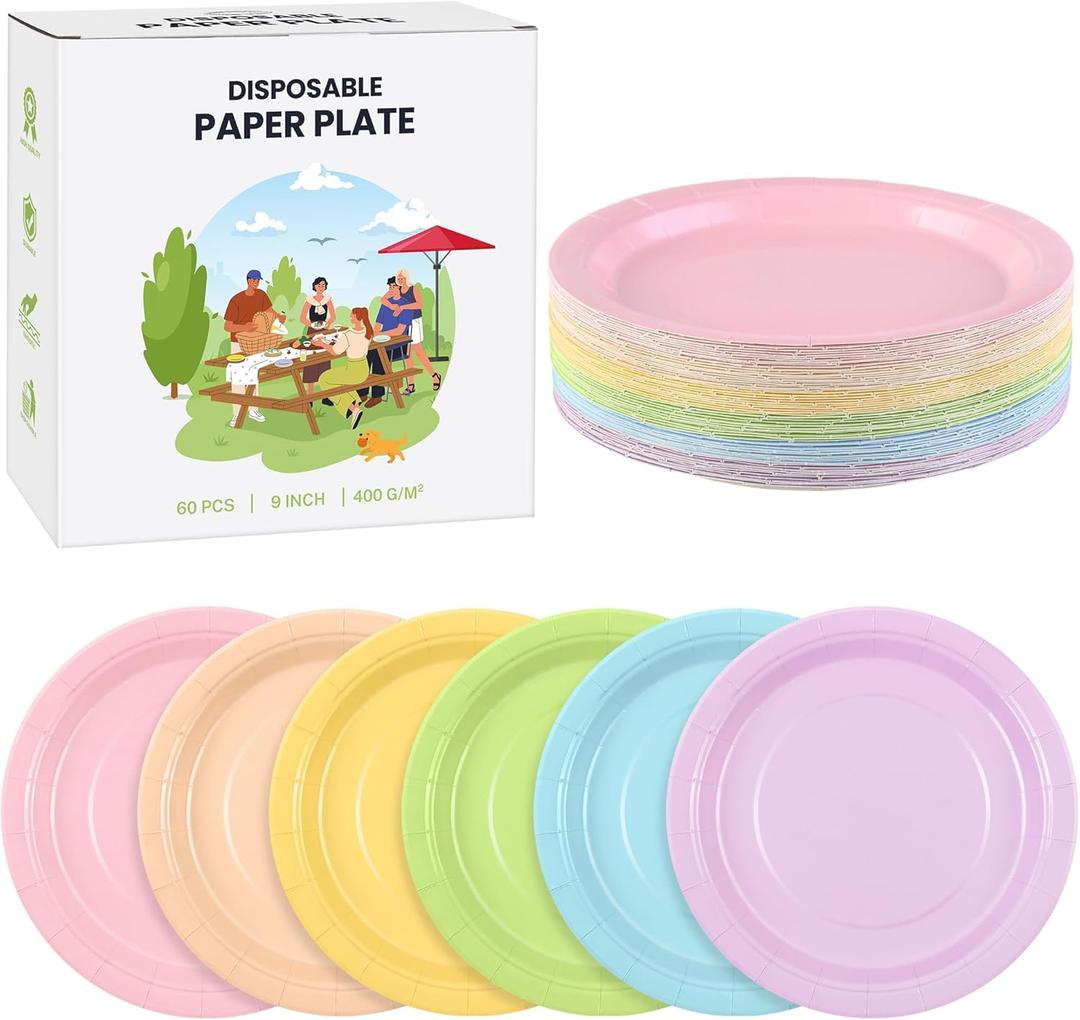 Kochorie 60 Pieces Pastel Rainbow Disposable Paper Plates 9 Inch Heavy Duty Dinner Plates, Solid Color, Table Decorations Party Supplies for Birthdays, Weddings, Daily Use