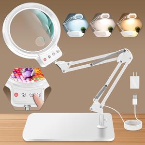 10X 30X Large Magnifying Glass with Light and Stand, 5-inch Lighted Magnifier, 72 LED 3 Color Modes Stepless Dimmable, Hands-Free Magnifying Glass Desk Lamp for Reading Craft Hobby Close Work White