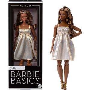 Barbie Basics Model Collector Fashion Doll 09 with Brunette Hair in Golden Dress & Strappy Heels, Universal-fit Fashions & Posable Body