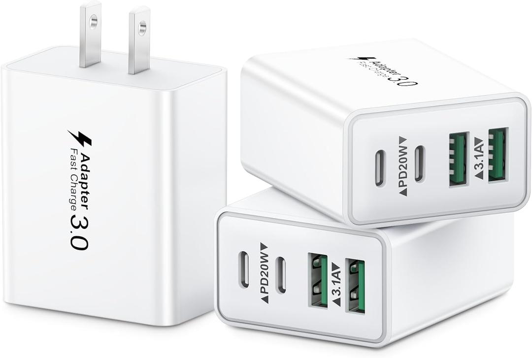 KOUEMGI 3-Pack 40W 4-Port USB C Charger Block, Fast Charging with PD & QC, Compatible with iPhone 15/14/13/12/11, Samsung Galaxy, More