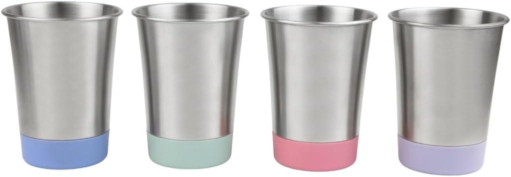 Elk and Friends Stainless Steel Kids + Toddler Drinking Cups | 12oz Tumblers with Colored Base | Durable + Stackable | Travel, Camping + Outdoors | Dishwasher Safe | 4 Pack