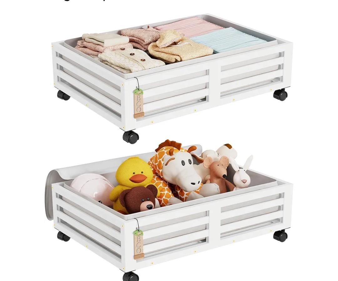 Wisuce Bamboo Under Bed Storage Containers- Underbed Organizer with Wheels with Large Dust Bag,Sturdy Wood Rolling Under the Bed Shoe Storage Organizer Drawer 2 Packs (White, Small)