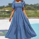 MASCOMODA Womens Summer Casual Midi Dress Square Neck Ruffle Short Sleeve Smocked High Waist A Line Wedding Guest Dresses (S)