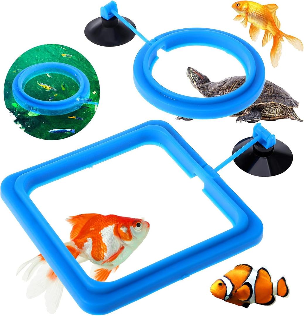 2 Pcs Fish Feeding Rings, Bule Aquarium Floating Plant Rings Fish Feeder Food Feeder Circle Round and Square Aquarium Accessories for Bettas Guppy Goldfish Floating Plants in Place