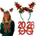 Christmas Hair Band Red Tree Head Band with Red Green Ribbon Holly Design Red 2026 Glasses Photo Props for Women and Girl Hair Accessories for Christmas Party or Festival Decoration Wear 2PCS