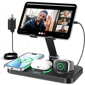 6 in 1 Charging Station for Apple Multiple Devices, Wireless Charging Station with Clock & 7 RGB Light, Foldable Wired Chargers for Multiple Devices for iPhone 17/16/15, iPad, Apple Watch, AirPods
