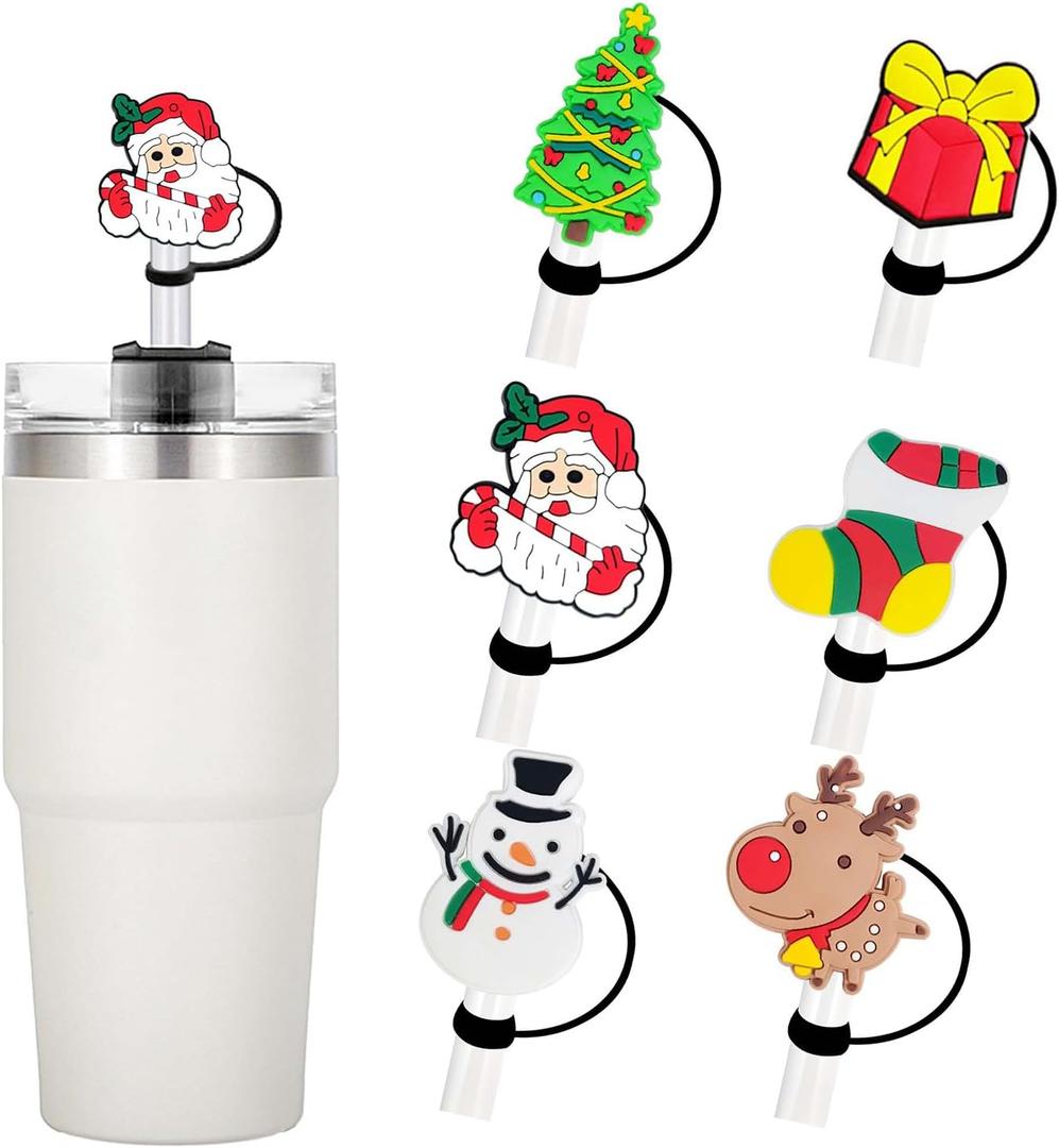Cute Christmas Straw Covers 6 Pcs - Santa Claus, Elk, Snowman Designs - Reusable Silicone Straw Lids Protectors - Holiday Party Cup Decorations