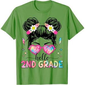 Hello 2nd Grade Messy Bun Girl Back to School First Day T-Shirt, S, Grass Green