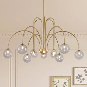 CATINER Gold Chandeliers 12 Lights Modern Sputnik Chandelier Large L52Mid Century Ceiling Pendant Light Fixtures with Smoke Glass Globe Shades for High Ceiling Living Dining Room Foyer Staircase