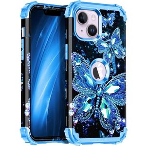 Miqala Compatible with iPhone 14 Plus Case,Glow in The Dark Three Layer Heavy Duty Shockproof Hard Plastic Bumper+Soft Silicone Protective Case for Apple iPhone 14 Plus,Blue Crystal