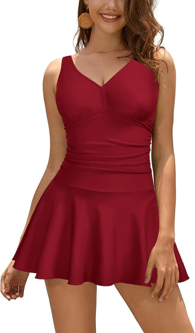 SHEKINI Women's V Neck One Piece Skirt Swimsuit Ruched Retro Swimdress Bathing Suit (Medium, Wine Red)