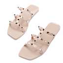 OMGard Womens Studded Sandals Jelly Shoes Ladies Flat, Beige Woman Summer Beach Jellies Slides with Rivets Dressy Cute Slippers Comfortable Slip On, 40