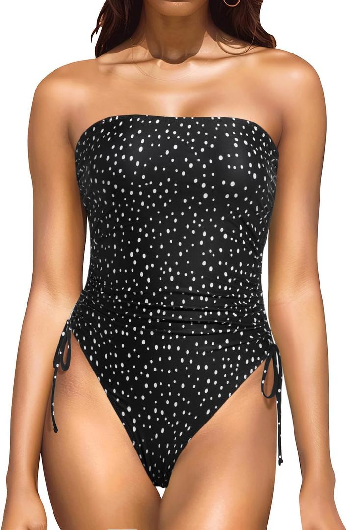 Yonique Women Strapless One Piece Swimsuit Tummy Control Bandeau Bathing Suit Cheeky Swimwear (Large, Black Dot)