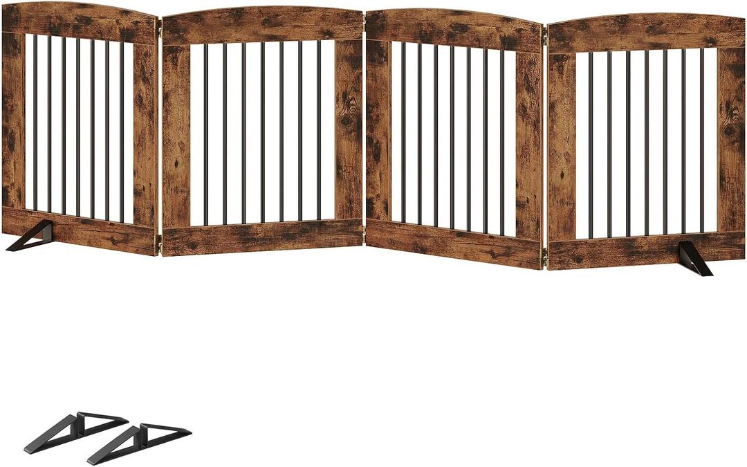 HOOBRO Indoor Dog Gate with Support Feet, 24 Inch 4 Panels, Freestanding Pet Gate for Doorway, Stairs, Folding Dog Fence, 360 Hinge for Easy Access, Sturdy Iron Pipe, Rustic Brown BF54PP03