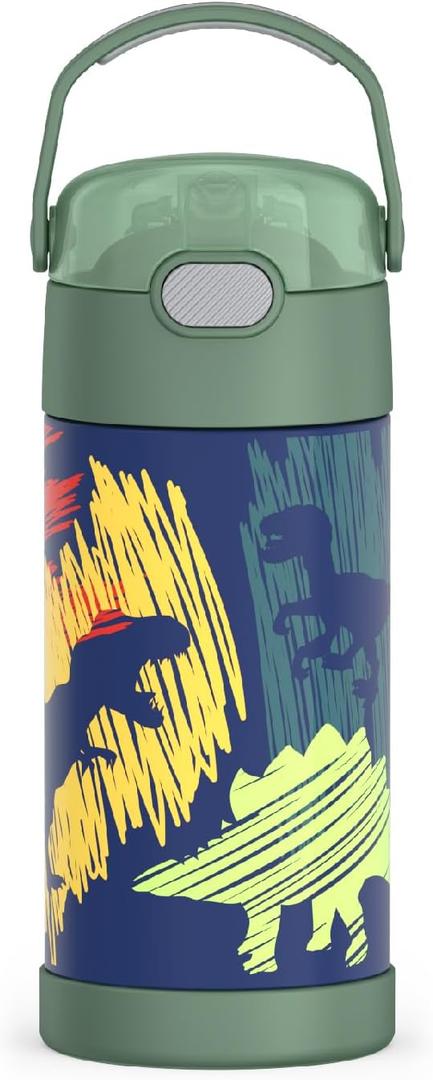 THERMOS FUNTAINER Water Bottle with Straw - 12 Ounce - Kids Stainless Steel Vacuum Insulated Water Bottle with Lid, Dinosaurs (12 Ounces)