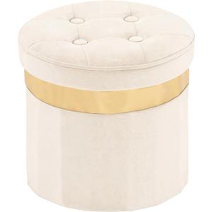xuperbonus Small Ottoman with Storage,Folding Round Ottoman with Gold Trim,Velvet Storage Stool,Foot Stool with Soft Padded,Foot Rest for Living Room13x13x12.4(Beige,1pcs)