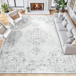Area Rug 5x7, Washable Rug for Living Room, Large Area Rugs for Bedroom, Vintage Rug 5x7 for Dining Room, Non Slip Soft Low Pile Indoor Carpet for Kitchen, Nursery, Office, Farmhouse, Light Grey