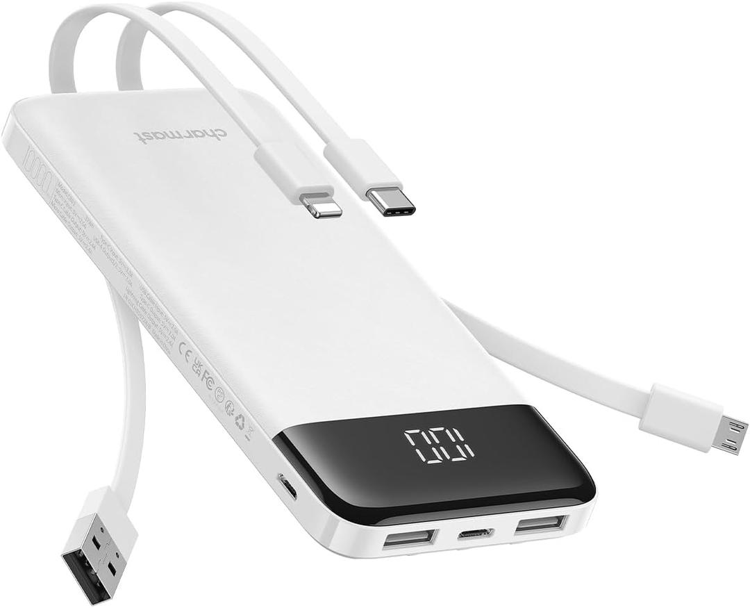 Charmast Portable Charger with Built in Cables, 10000mAh Slim Power Bank, 15W USB C in&Out Port High Speed Charging External Charger, Battery Pack Compatible with iPhone 16 15 13 Samsung Google iPad (white)