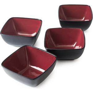 AmorArc 32oz Square Cereal Soup Bowls, Stoneware Bowls Set of 4 for Kitchen, Large Bowls for Cereal,Soup,Salad,Meal, Microwave & Dishwasher Safe-Red Inside