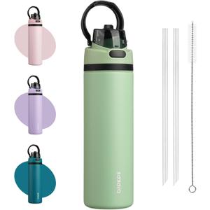 BJPKPK 25oz Insulated Water Bottle with 2-1 Straw Spout Lid, Stainless Steel Metal Water Bottles with Carry Handle, BPA Free, Leak-Proof, Fits in Car Cup Holder, Thermo for Sports,Macaron Green
