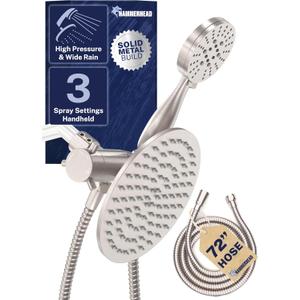 HammerHead Showers Dual Shower Head Combo, 8-Inch Rainfall & 3-Flow Handheld, Brushed Nickel, 2.5 GPM