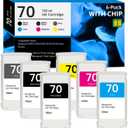 70 Ink Cartridges 130-ml with New Chip Replacement for HP 70 Ink Cartridges C9448A C9449A C9450A C9452A C9453A C9454A for DesignJet Z5400 Z5200 Z3200 Z3100 Z2100 Large Format Printers, 6 Pack