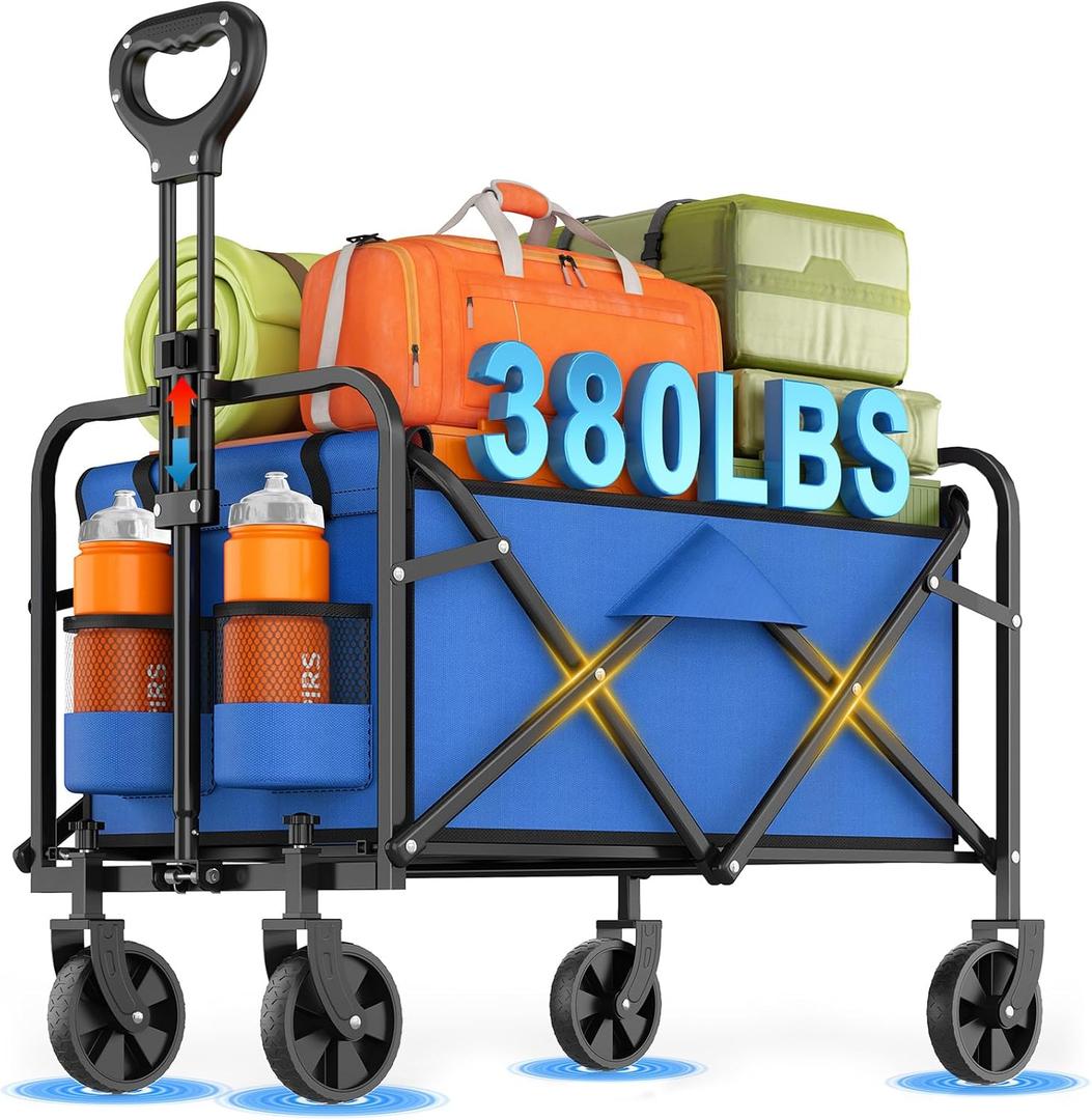 Collapsible Wagon Cart Foldable Beach Wagon with All-Terrain Wheels - 380 LBS Heavy Duty Grocery Cart for Shopping, Beach, Camping, Sports, Garden (Blue)