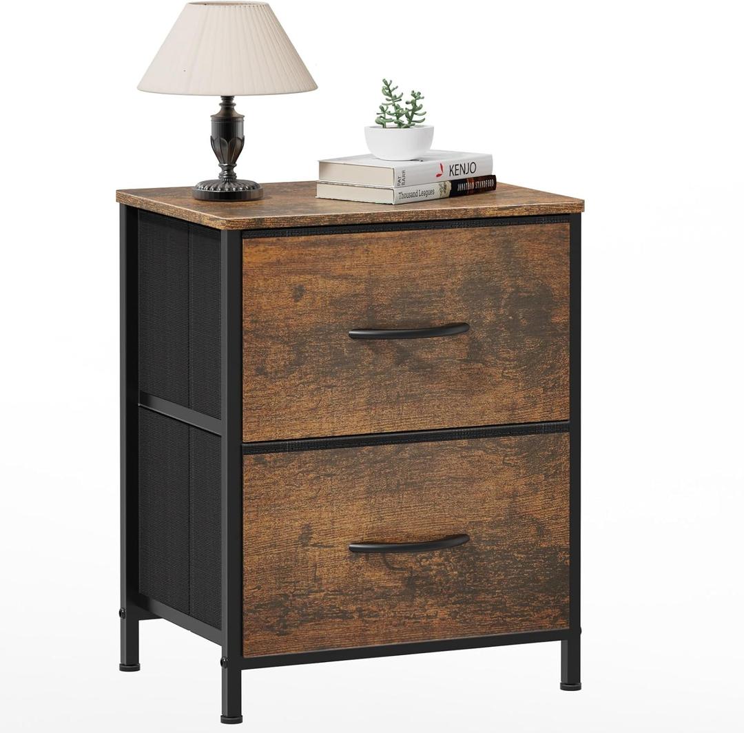 2 Drawer Dresser with Removable Fabric Bins - Nightstand Rustic Brown Wood Grain Storage Organizer for Bedroom, Closet, Dorm, Entryway, Living Room (2 Drawers, Wood Grain Print)