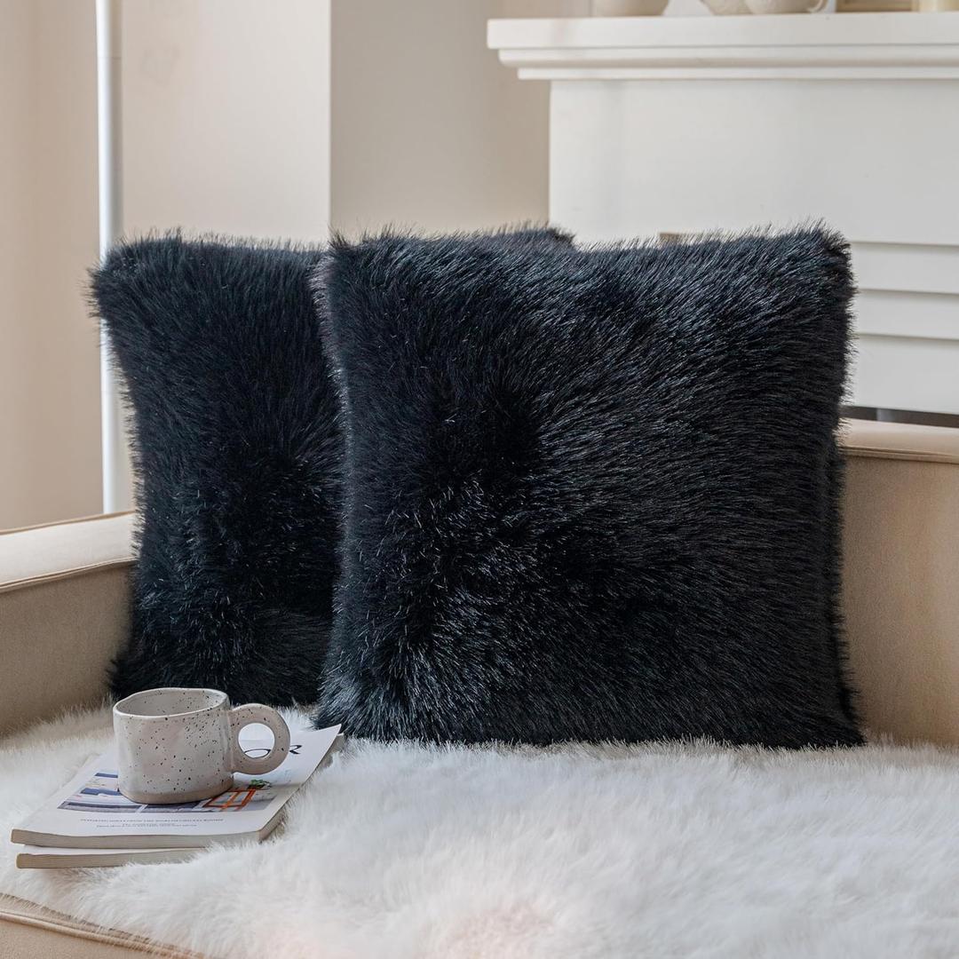 Neelvin Black Faux Fur Cozy Fluffy Double-Sided Decorative Throw Pillow Covers 18x18 inch Set of 2,Velvet Pillowcase Cushion Case for Sofa Couch