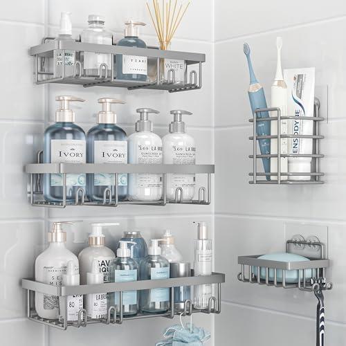 5 Pack Shower Caddy Organizer Rack Shelf for Inside Shower, Adhesive Bathroom Wall Storage Basket Rustproof Stainless Steel Shampoo Holder, Bathroom Accessory Decor Set, Grey